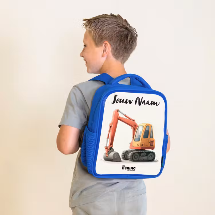 Kinderrugzak met naam - Blauw - Graafmachine - Getekend - Oranje — 3