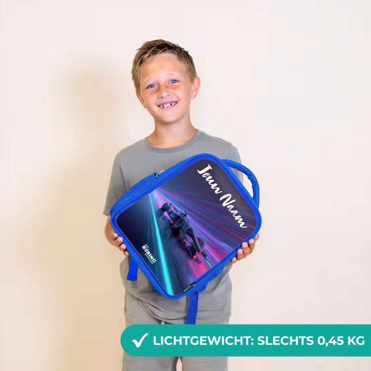 Kinderrugzak met naam - Blauw - Lichtstralen - Neon - Racewagen - Paars β 2