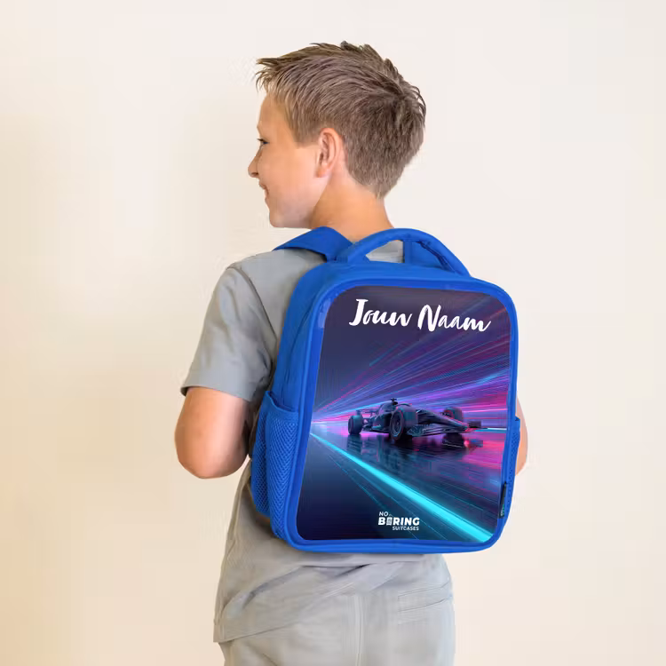 Kinderrugzak met naam - Blauw - Lichtstralen - Neon - Racewagen - Paars β 3