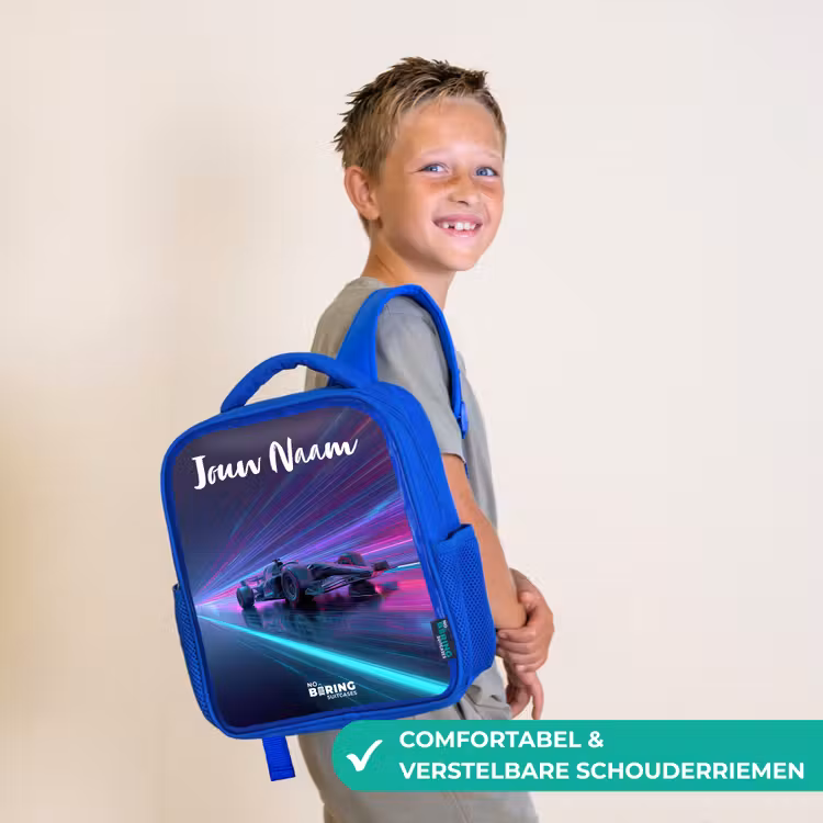 Kinderrugzak met naam - Blauw - Lichtstralen - Neon - Racewagen - Paars β 4