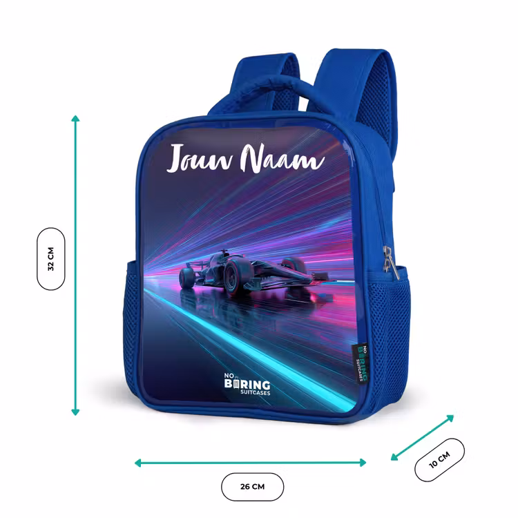 Kinderrugzak met naam - Blauw - Lichtstralen - Neon - Racewagen - Paars β 5