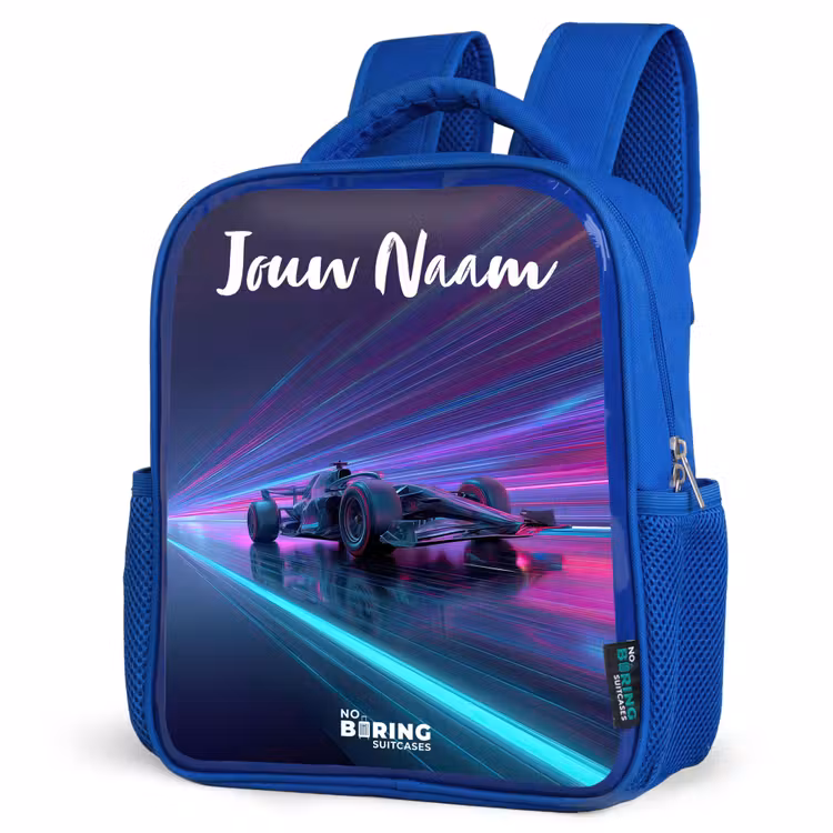 Kinderrugzak met naam - Blauw - Lichtstralen - Neon - Racewagen - Paars β 7