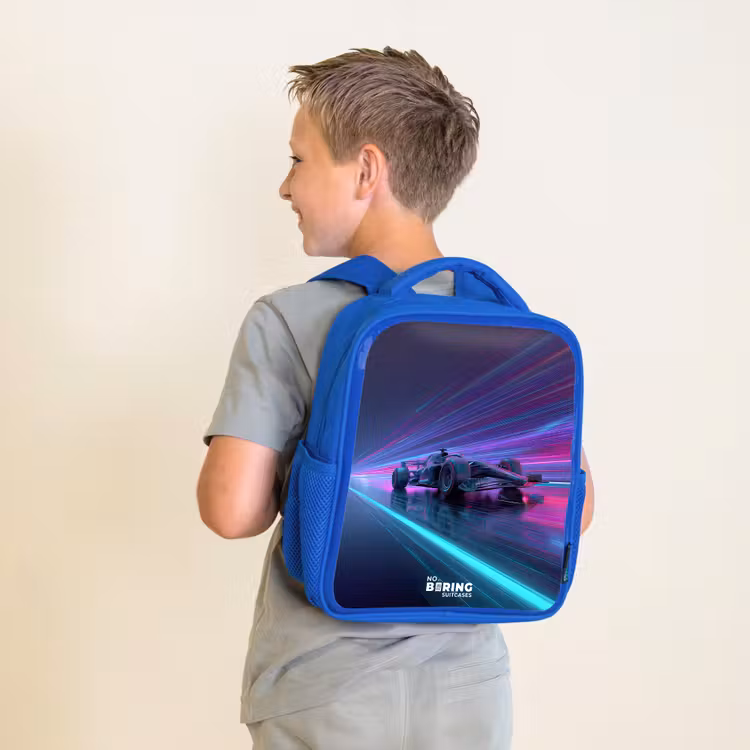 Kinderrugzak - Blauw - Neon - Raceauto - Lichtstrepen - Paars — 3