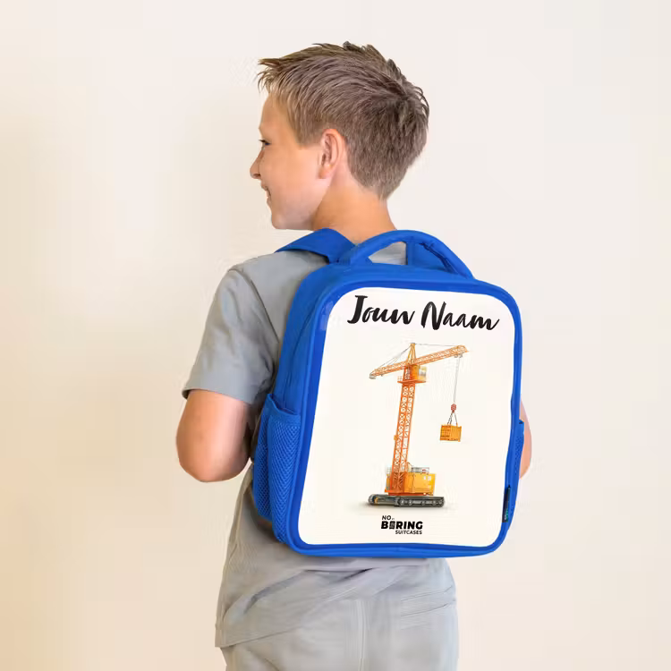 Kinderrugzak met naam - Blauw - Torenkraan - Getekend - Oranje — 3