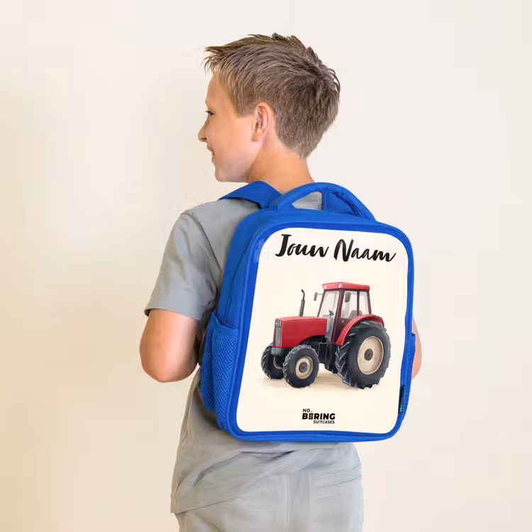 Kinderrugzak met naam - Blauw - Tractor - Getekend - Rood — 3