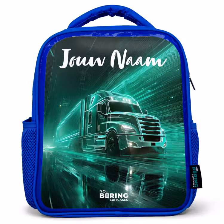 Kinderrugzak met naam - Blauw - Vrachtwagen - Stad - Groen - Neon β 1
