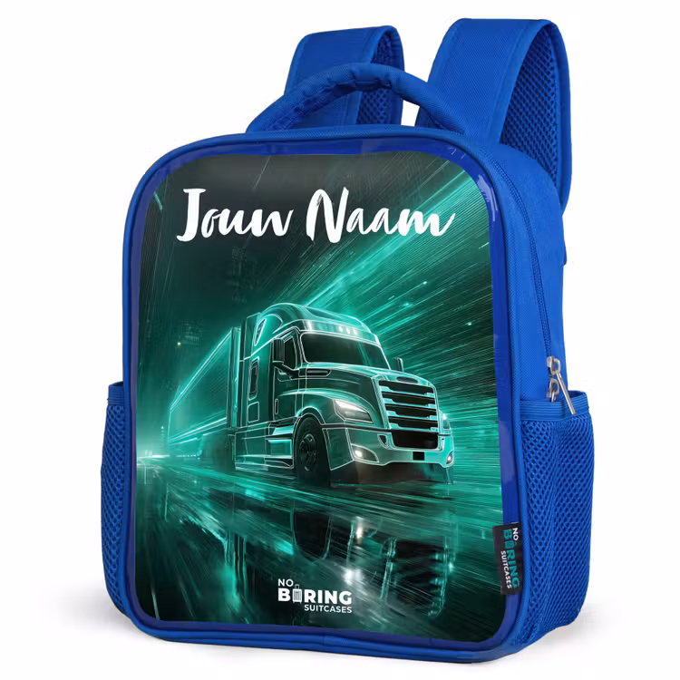 Kinderrugzak met naam - Blauw - Vrachtwagen - Stad - Groen - Neon β 7