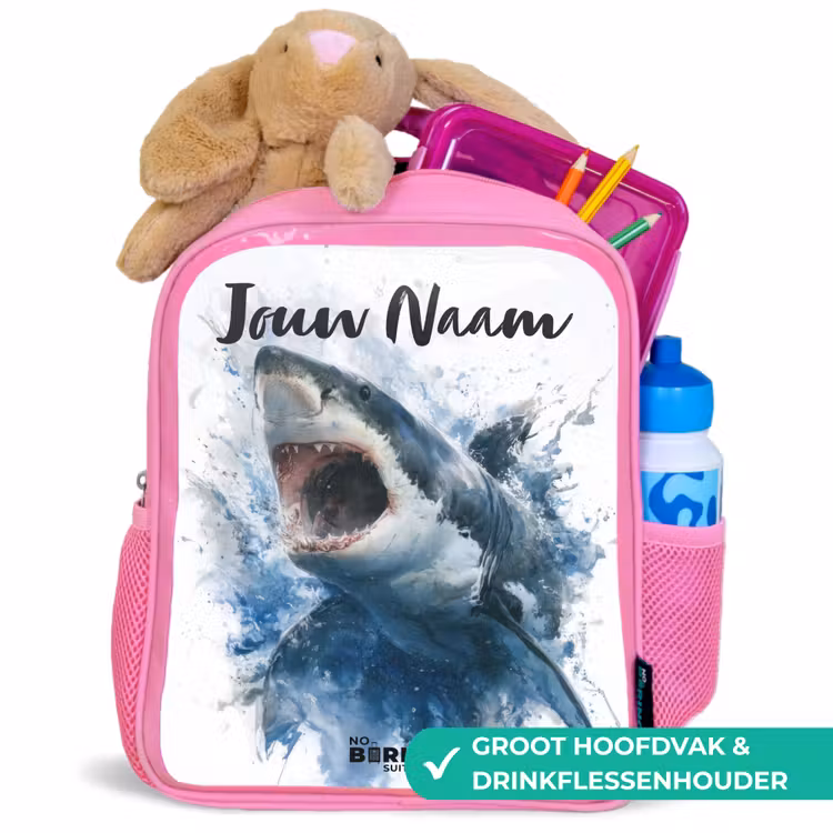 Kinderrugzak met naam - Roze - Aanvallende haai in waterverf — 2