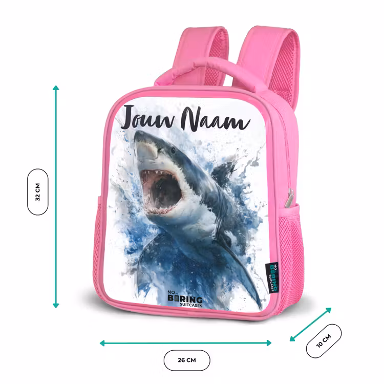 Kinderrugzak met naam - Roze - Aanvallende haai in waterverf — 3