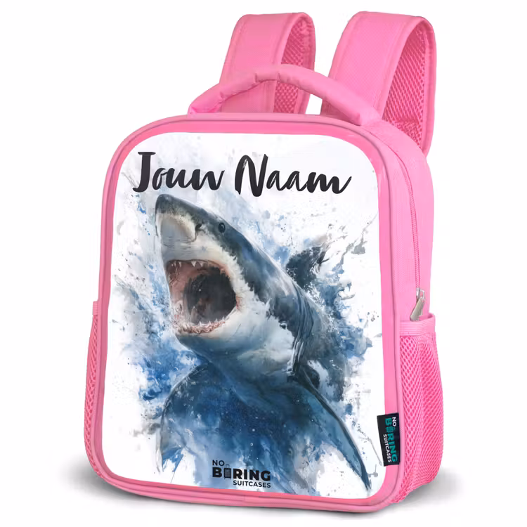 Kinderrugzak met naam - Roze - Aanvallende haai in waterverf — 4