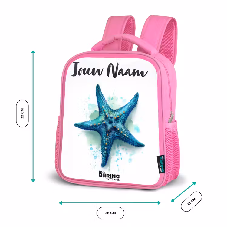 Kinderrugzak met naam - Roze - Blauwe Zeester op Witte Achtergrond — 3