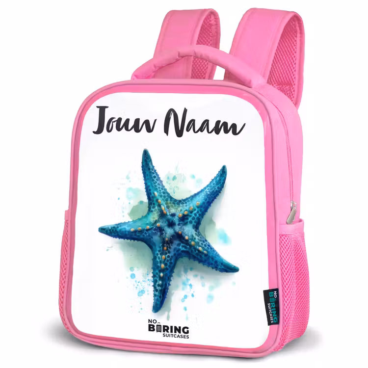 Kinderrugzak met naam - Roze - Blauwe Zeester op Witte Achtergrond — 4