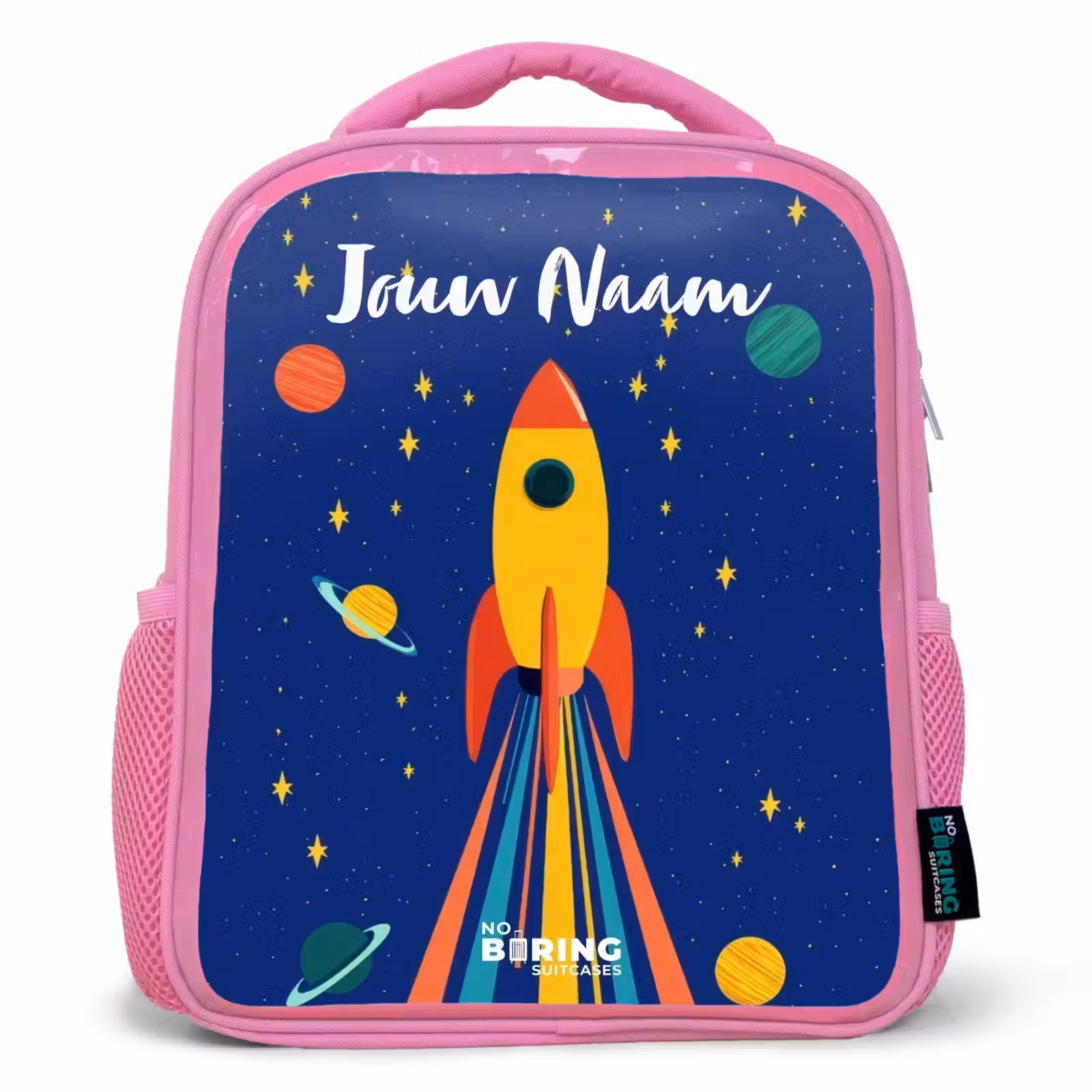 Kinderrugzak met naam - Roze - Raket - Sterren - Planeet - Ruimte — 1