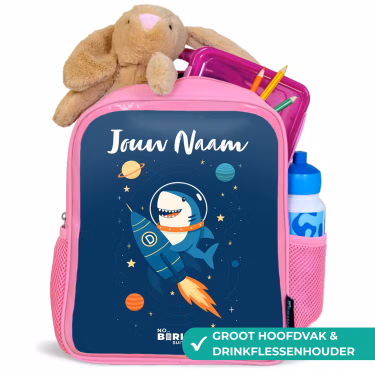 Kinderrugzak met naam - Roze - Dier - Ruimte - Planeet - Raket ā 2
