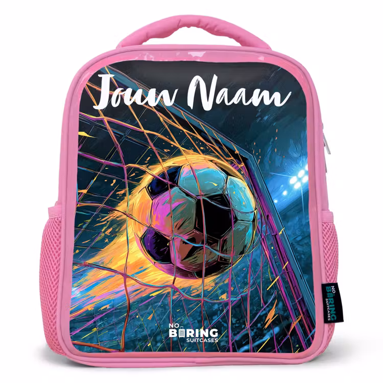 Kinderrugzak met naam - Roze - Neon - Net - Voetbal - Kleurrijk — 1