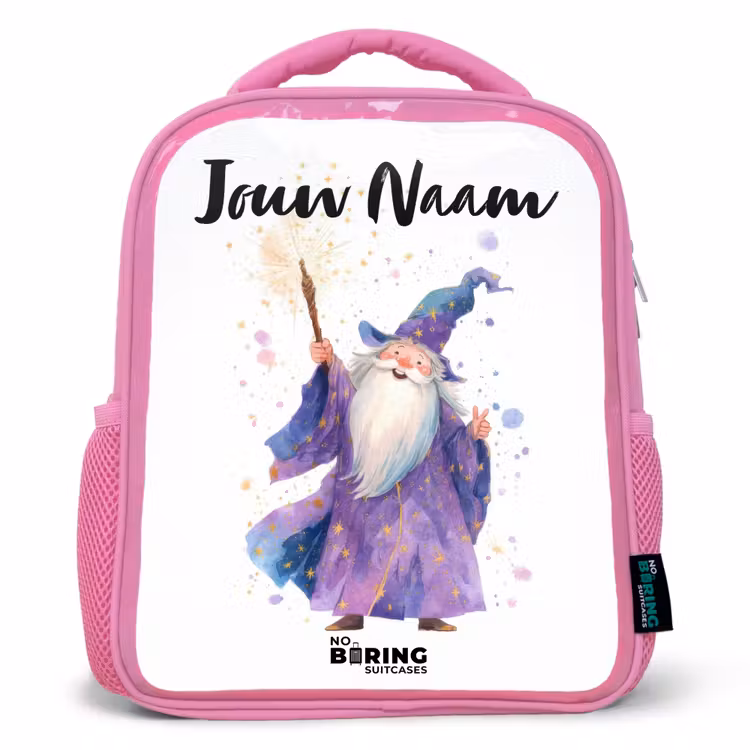 Kinderrugzak met naam - Roze - Oude tovenaar met staf — 1