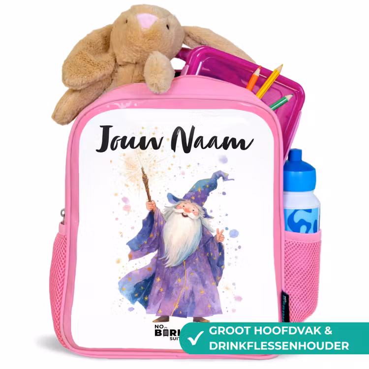 Kinderrugzak met naam - Roze - Oude tovenaar met staf — 2