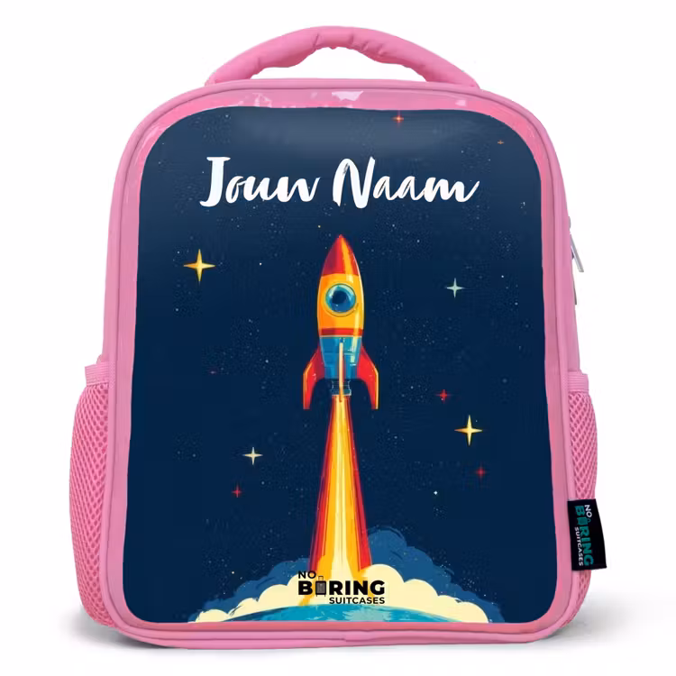 Kinderrugzak met naam - Roze - Planeet - Raket - Sterren - Donkerblauw — 1