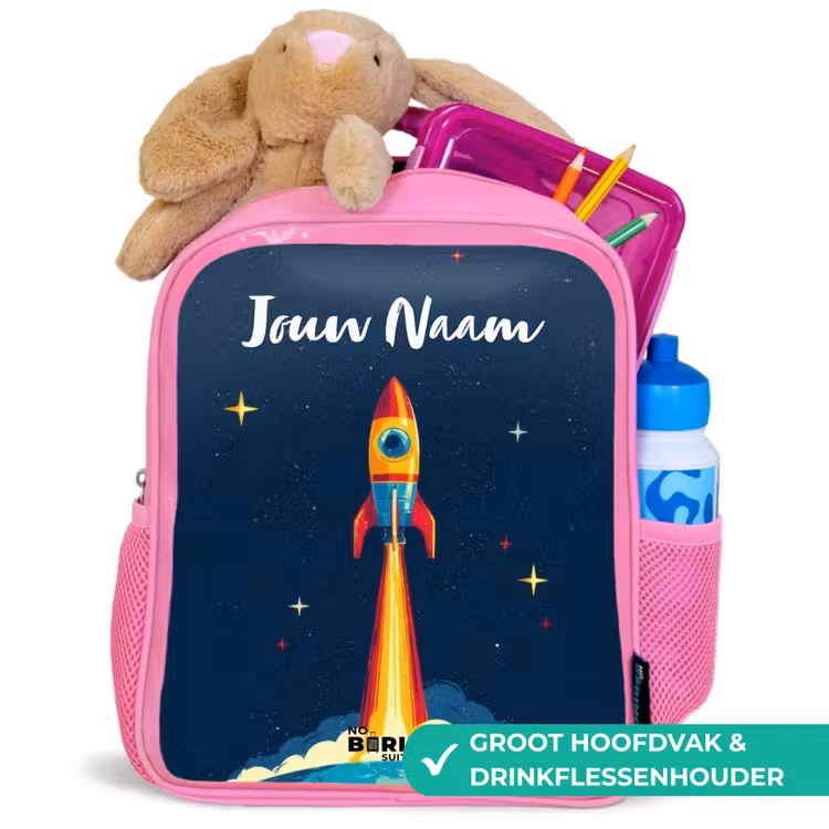 Kinderrugzak met naam - Roze - Planeet - Raket - Sterren - Donkerblauw — 2