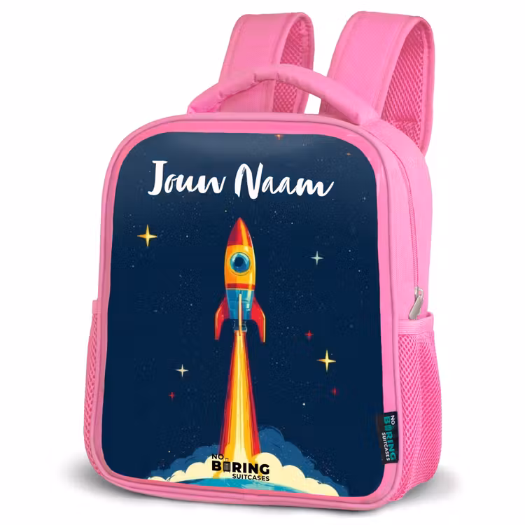 Kinderrugzak met naam - Roze - Planeet - Raket - Sterren - Donkerblauw — 4