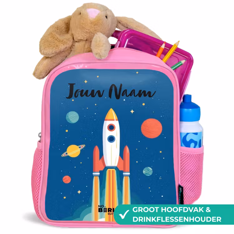 Kinderrugzak met naam - Roze - Raket - Planeet - Sterren - Veelkleurig — 2