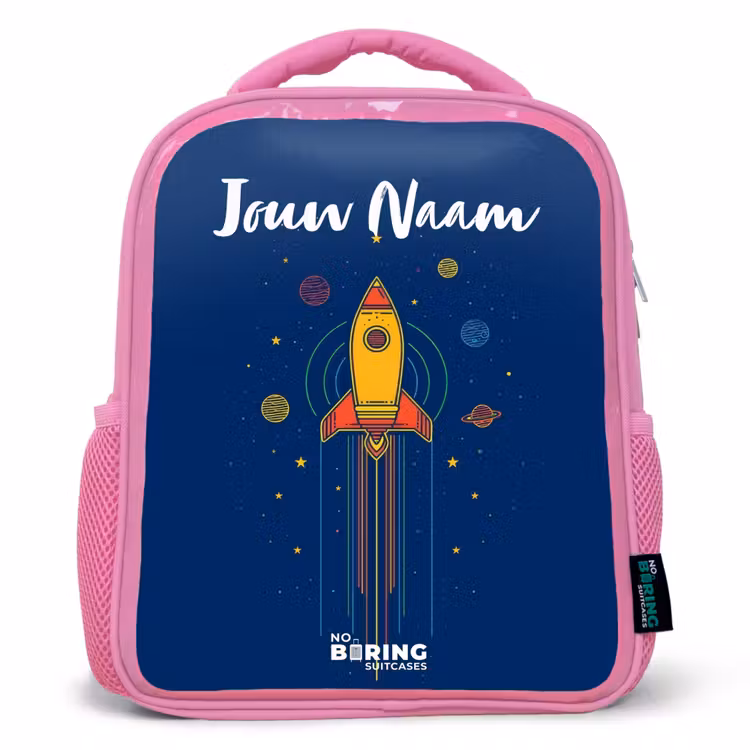 Kinderrugzak met naam - Roze - Raket - Planeten - Sterren — 1
