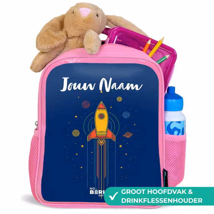 Kinderrugzak met naam - Roze - Raket - Planeten - Sterren — 2