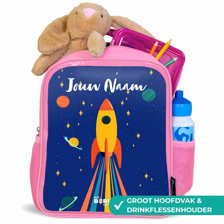 Kinderrugzak met naam - Roze - Raket - Sterren - Planeet - Ruimte — 2