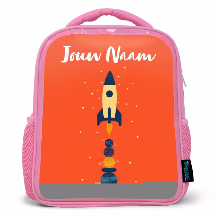Kinderrugzak met naam - Roze - Raket - Sterren - Planeten — 1