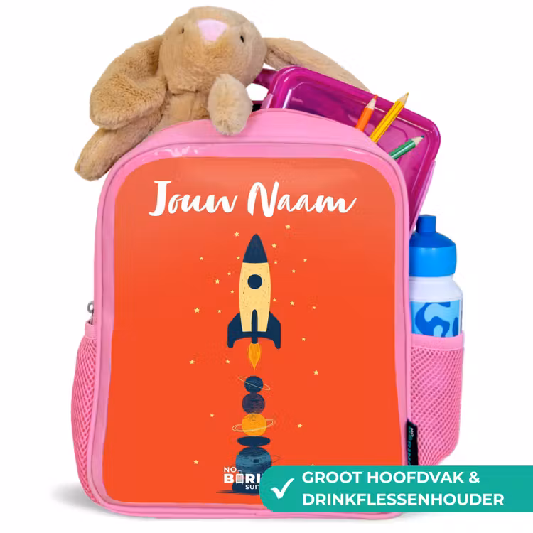 Kinderrugzak met naam - Roze - Raket - Sterren - Planeten — 2