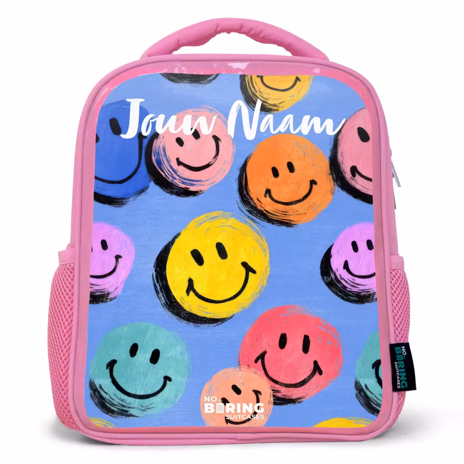 Kinderrugzak met naam - Roze - Een speels en kunstzinnig patroon van kleurrijke smileys — 1