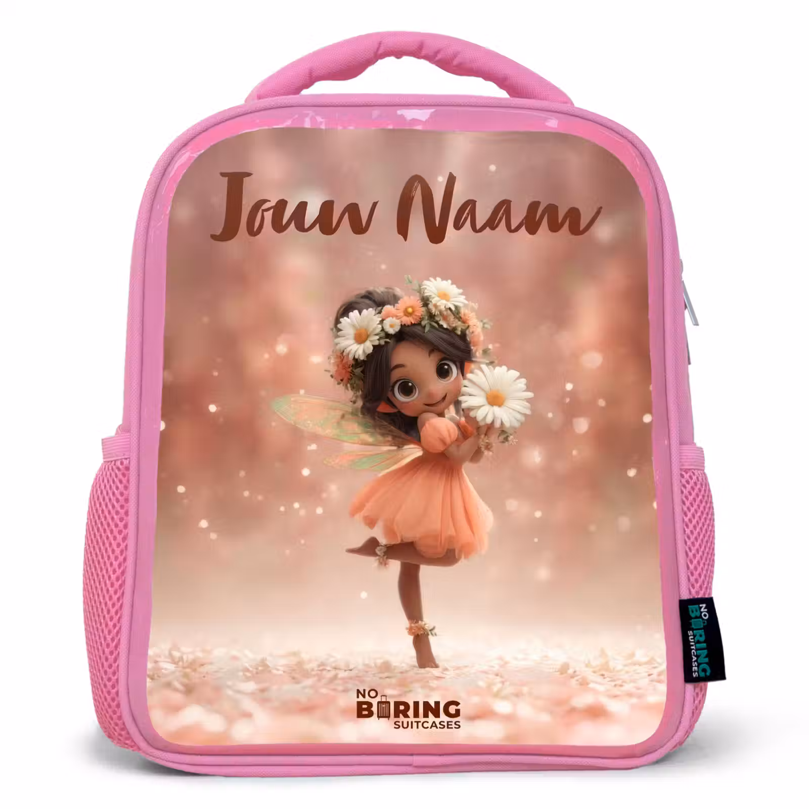 Kinderrugzak met naam - Roze - Fee met madeliefjes β 1