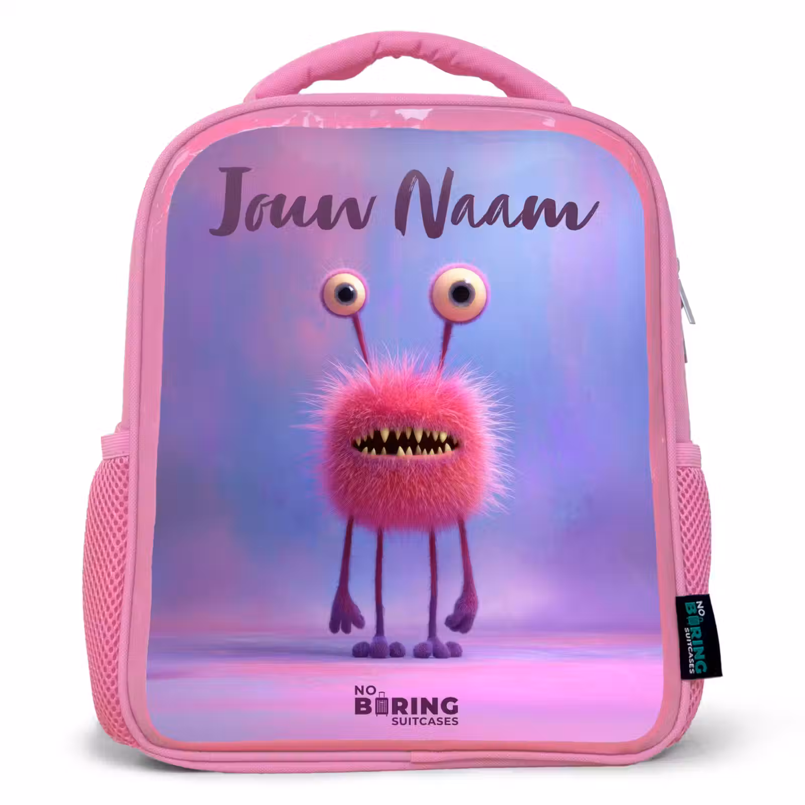 Kinderrugzak met naam - Roze - Roze harig monster met grote ogen β 1