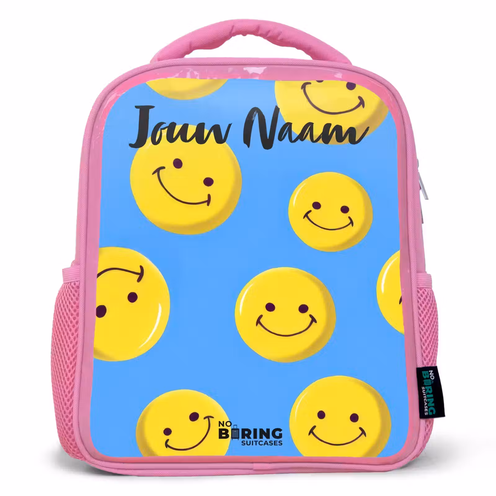 Kinderrugzak met naam - Roze - Vrolijke smileyregen β 1