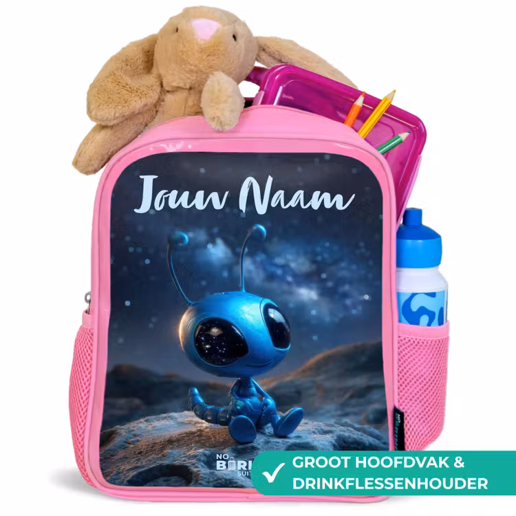 Kinderrugzak met naam - Roze - Blauw buitenaards wezentje onder sterrenhemel — 2