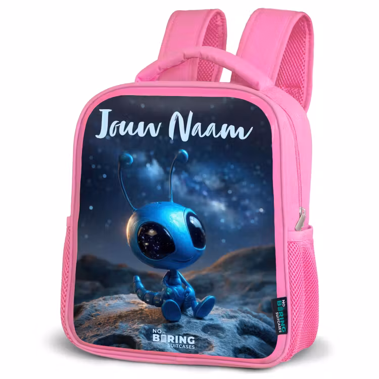 Kinderrugzak met naam - Roze - Blauw buitenaards wezentje onder sterrenhemel — 4