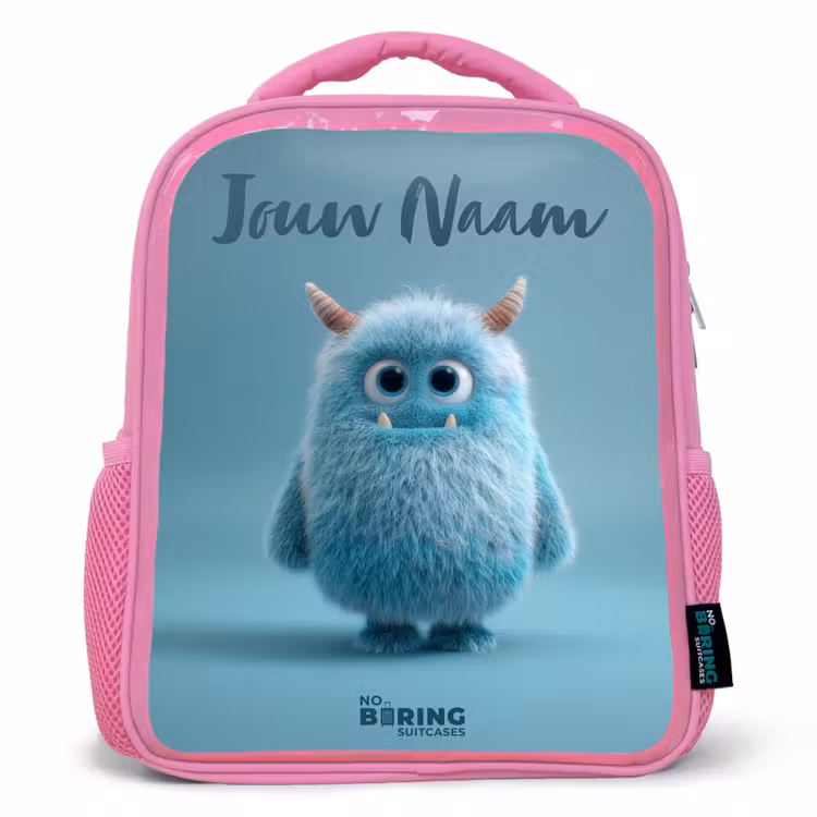 Kinderrugzak met naam - Roze - Blauw pluizig monster met hoorns — 1