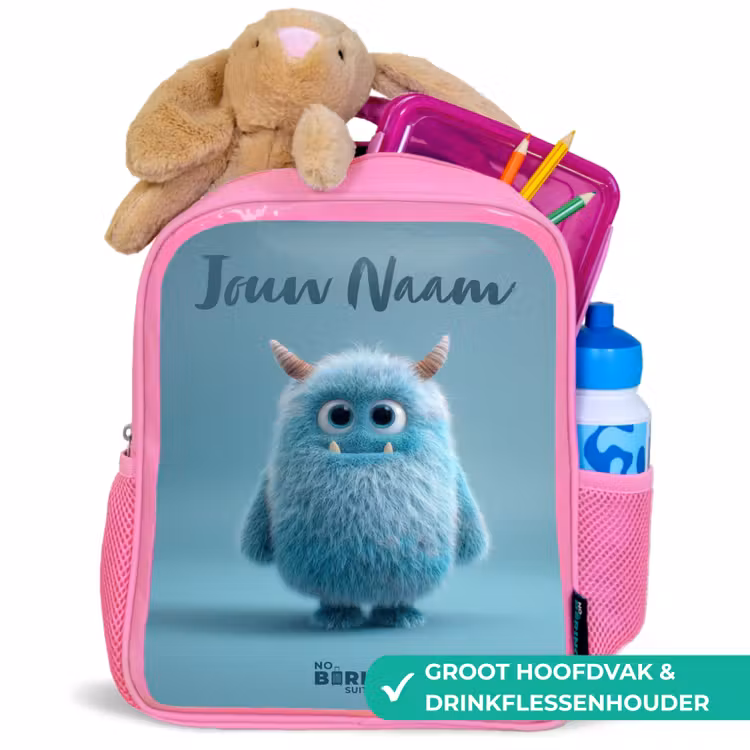 Kinderrugzak met naam - Roze - Blauw pluizig monster met hoorns — 2
