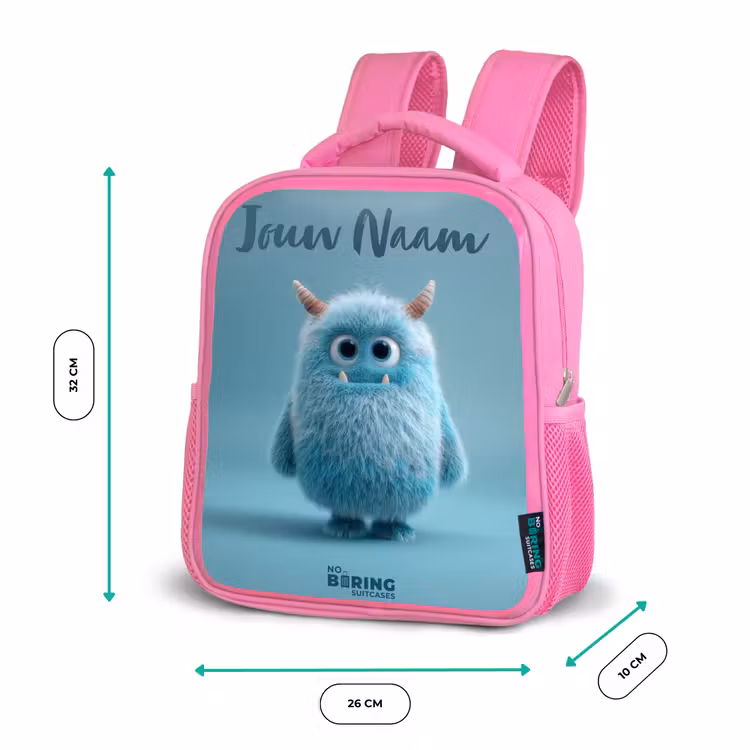 Kinderrugzak met naam - Roze - Blauw pluizig monster met hoorns — 3
