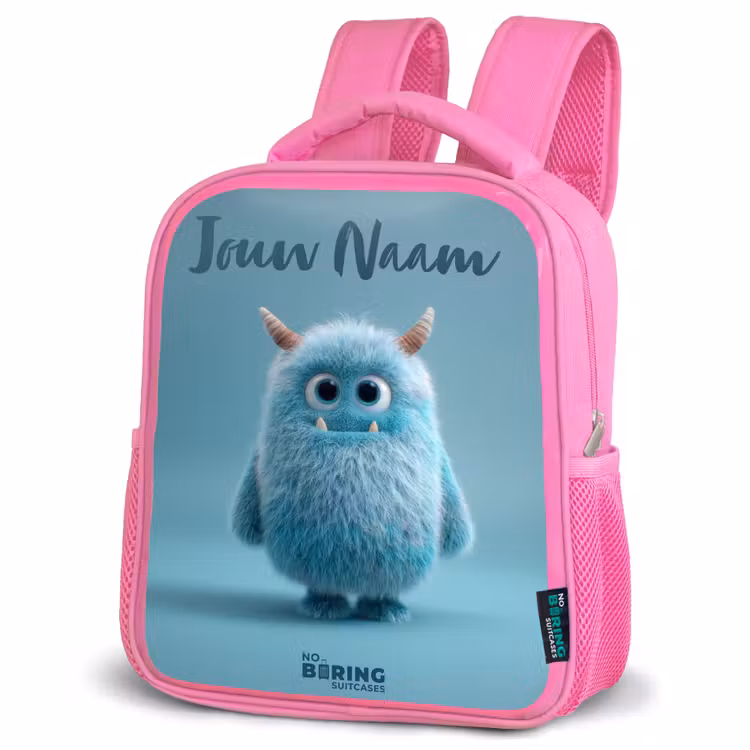 Kinderrugzak met naam - Roze - Blauw pluizig monster met hoorns — 4