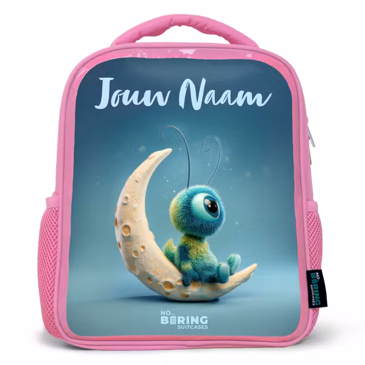 Kinderrugzak met naam - Roze - Dromerig Wezentje op de Maan — 1