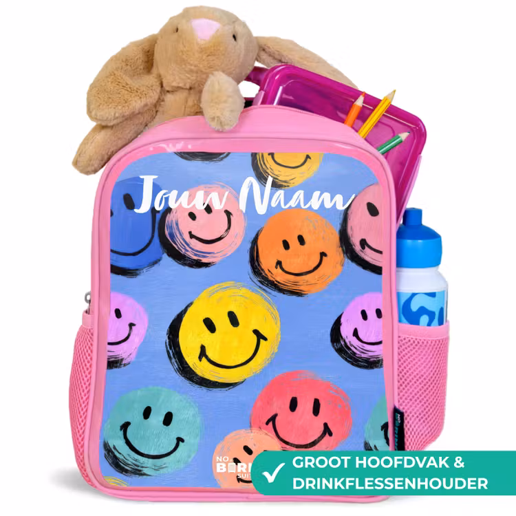 Kinderrugzak met naam - Roze - Een speels en kunstzinnig patroon van kleurrijke smileys — 2