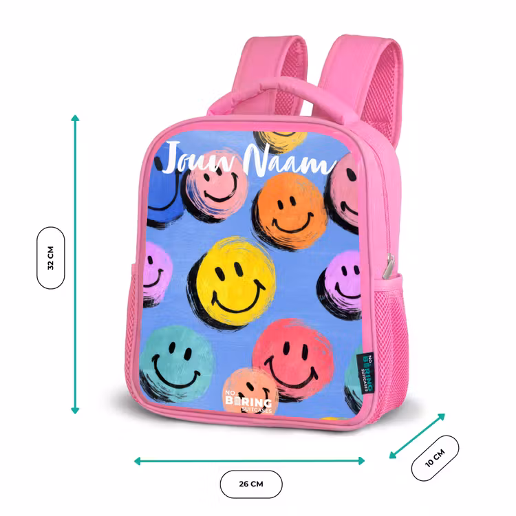 Kinderrugzak met naam - Roze - Een speels en kunstzinnig patroon van kleurrijke smileys — 3