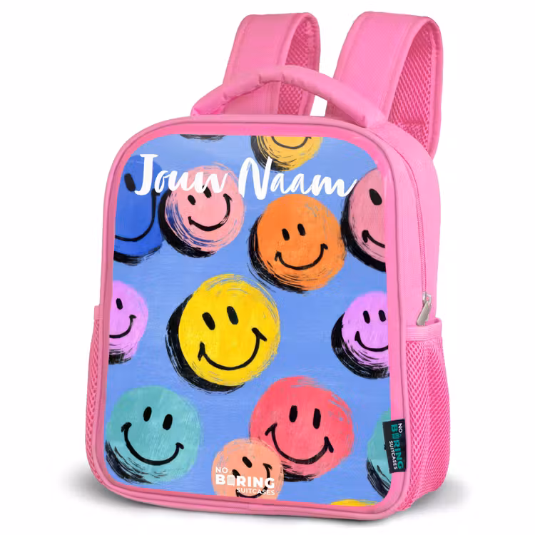 Kinderrugzak met naam - Roze - Een speels en kunstzinnig patroon van kleurrijke smileys — 4
