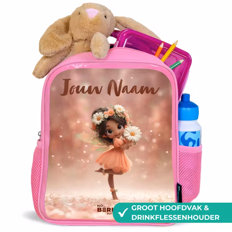 Kinderrugzak met naam - Roze - Fee met madeliefjes β 2
