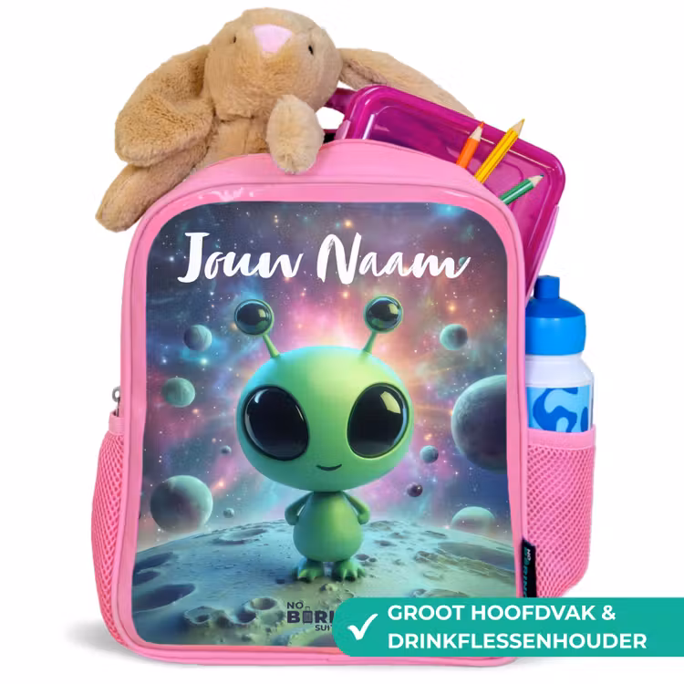 Kinderrugzak met naam - Roze - Groen buitenaards wezentje op maanlandschap — 2