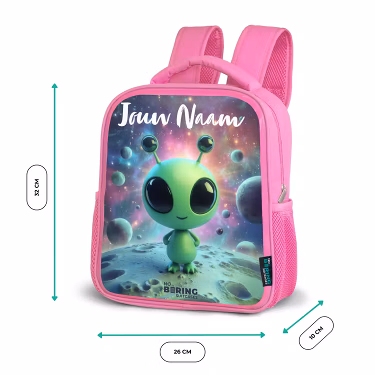 Kinderrugzak met naam - Roze - Groen buitenaards wezentje op maanlandschap — 3