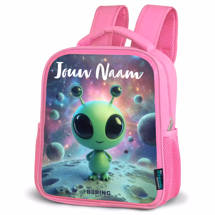 Kinderrugzak met naam - Roze - Groen buitenaards wezentje op maanlandschap — 4