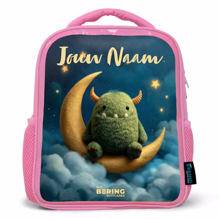 Kinderrugzak met naam - Roze - Groen monster op maansikkel — 1