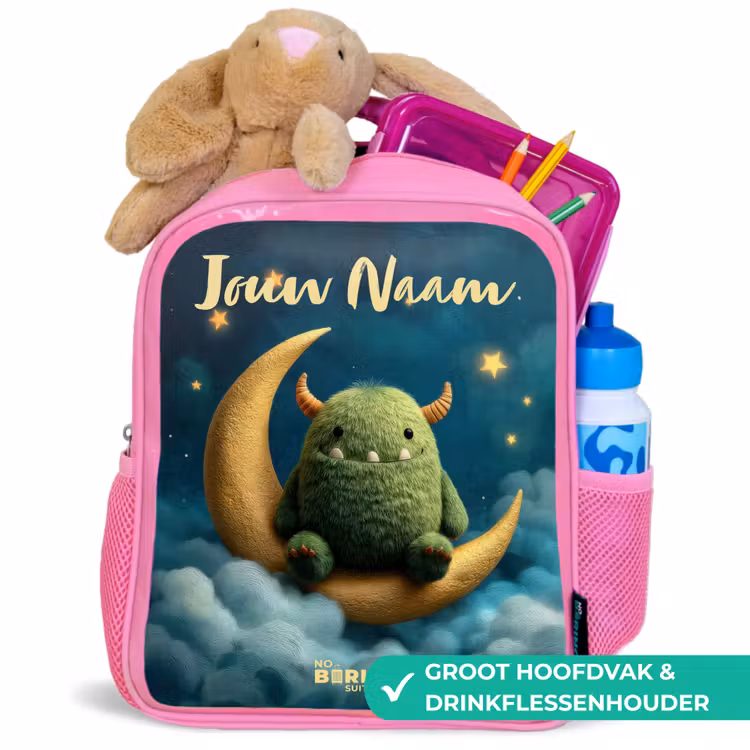 Kinderrugzak met naam - Roze - Groen monster op maansikkel — 2